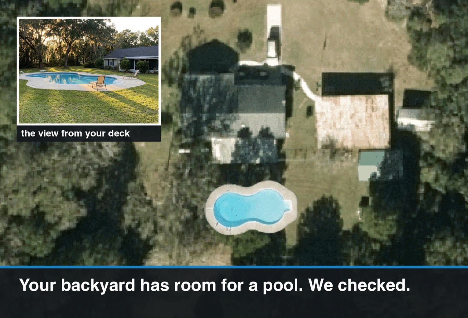 Postcard front: the homeowner's aerial photo with the rendered pool, plus an inset eye-level photo of the pool at golden hour, headline reads Your backyard has room for a pool. We checked.