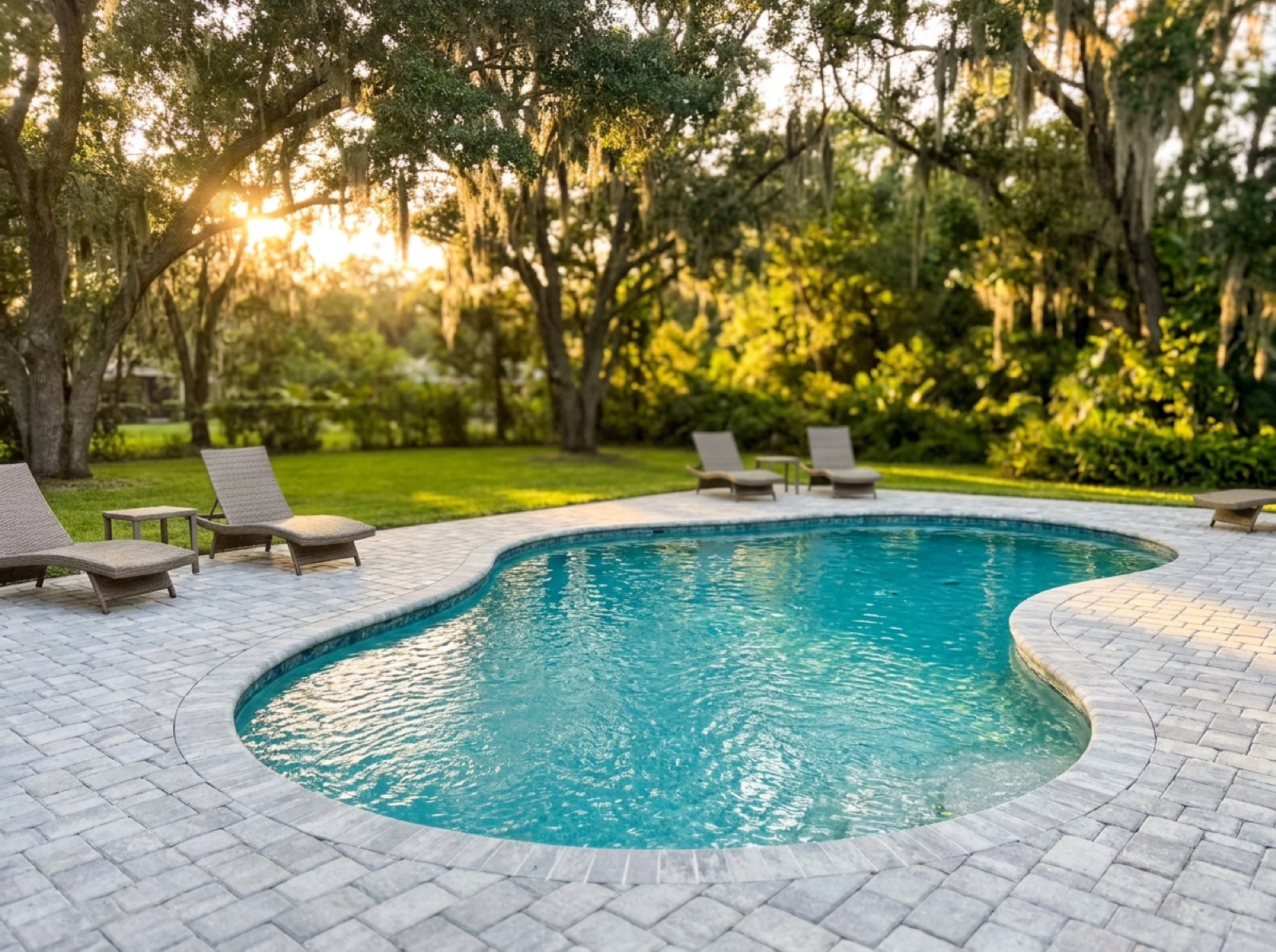 Eye-level golden hour photo of a free-form pool with paver deck under Florida oaks